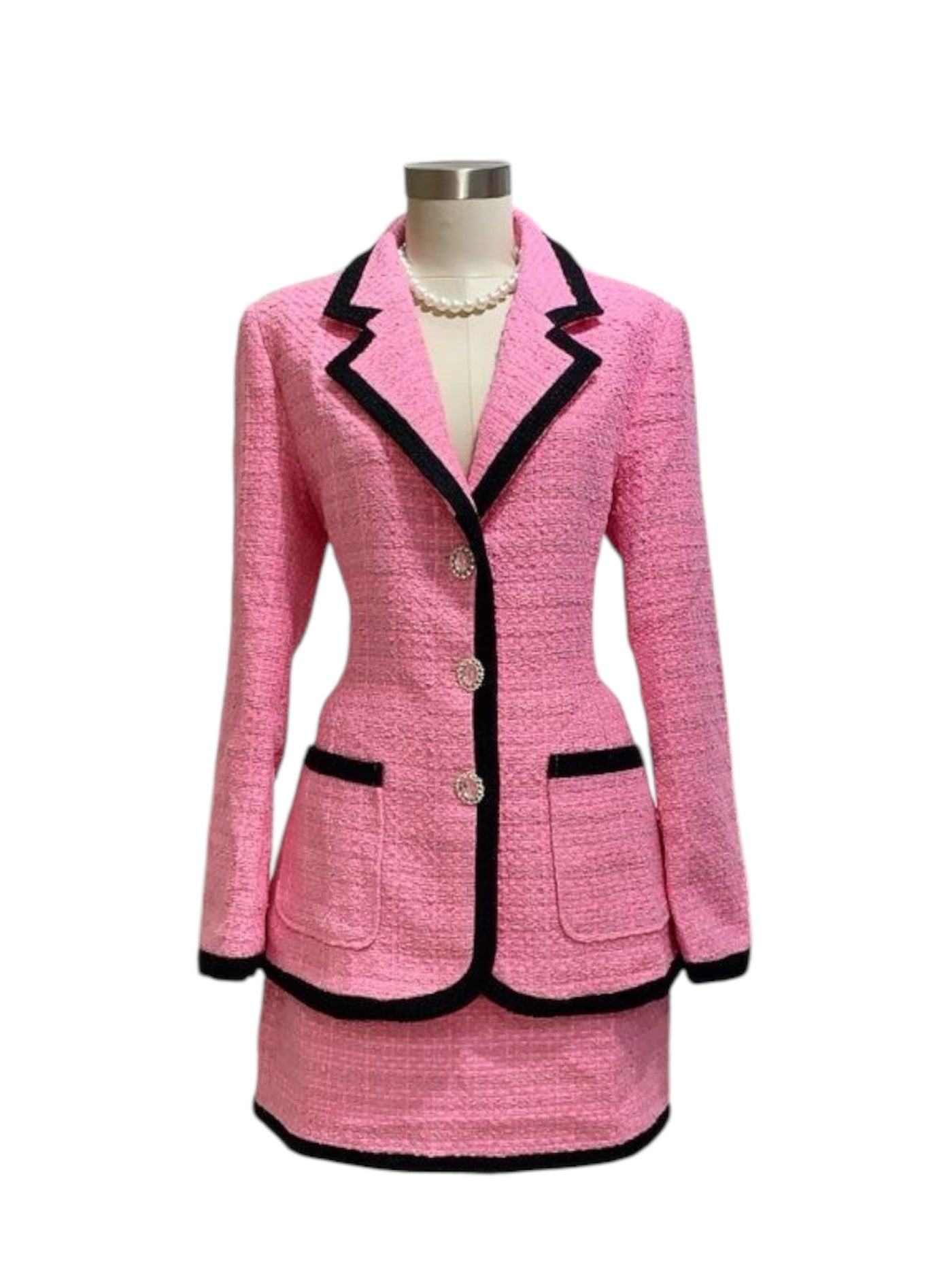 Set de blazer y falda tweed rosado con negro Elegancia Fucsia