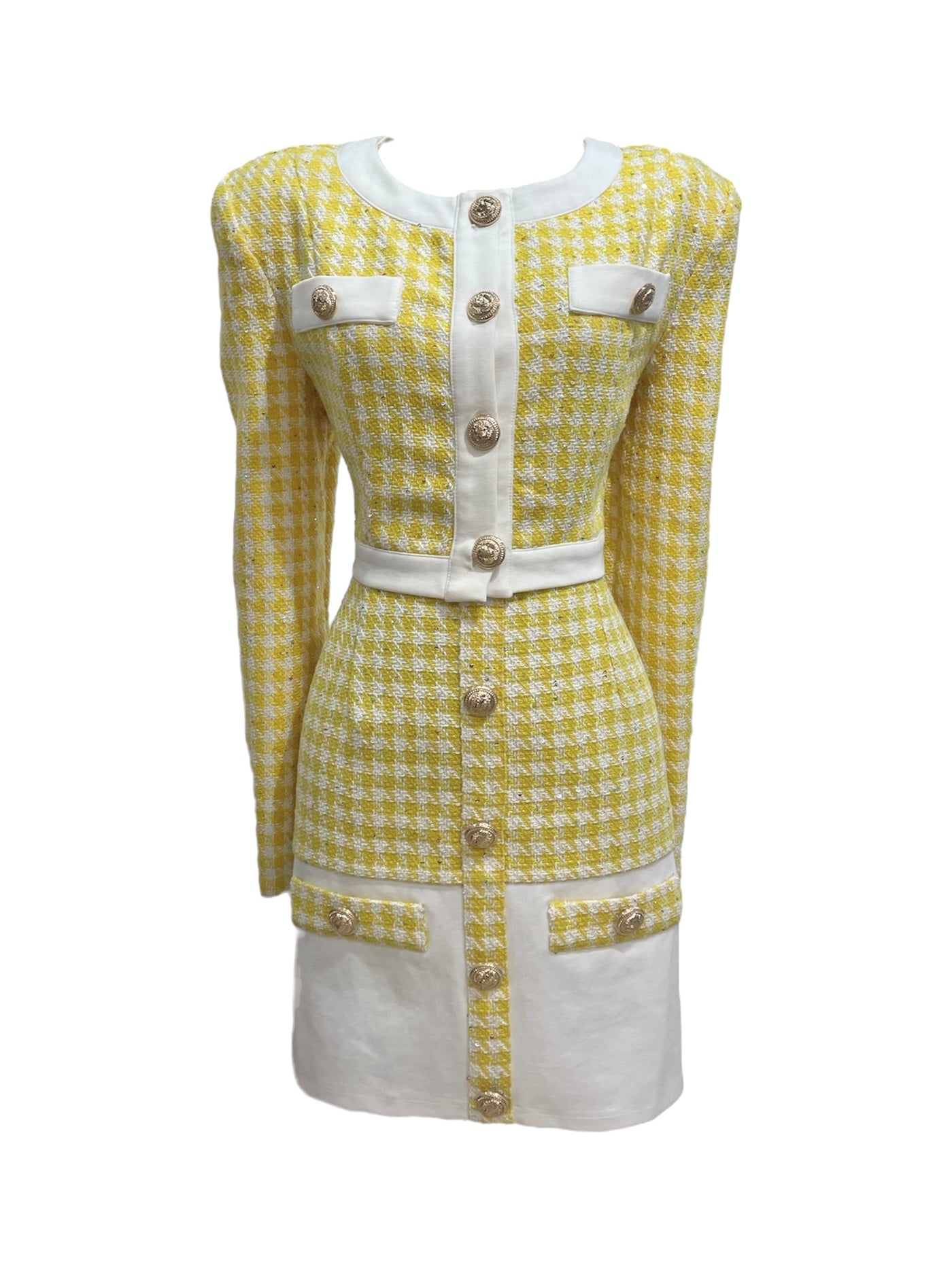 Set de chaqueta y falda tweed amarillo y blanco Sol Tejido